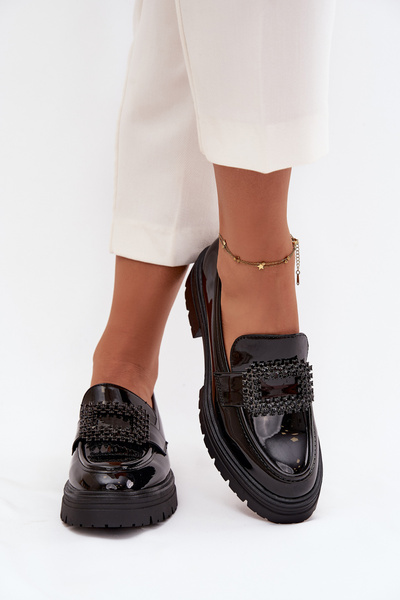 Mocassins pour femmes en cuir verni avec boucle décorative Noirs Luvianne