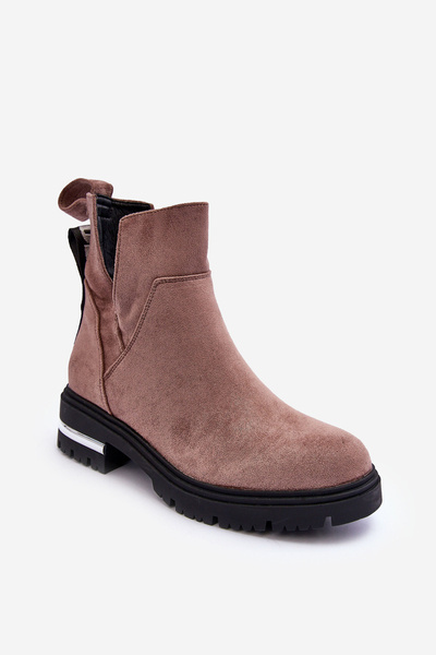 Suede Ankle Boots with Flat Heel and Cutouts Dark Beige Lamedella