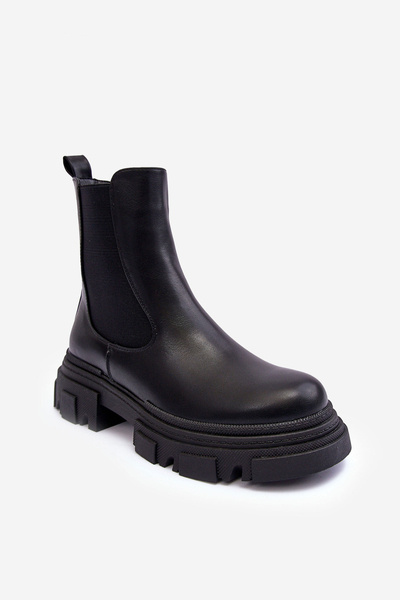 Cizme de gleznă din piele pe călcâi plat și platformă Black Solita