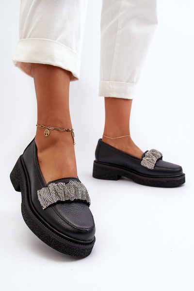 Damen Leder Mokassins mit dekorativem Riemen Zazoo 3419 Schwarz