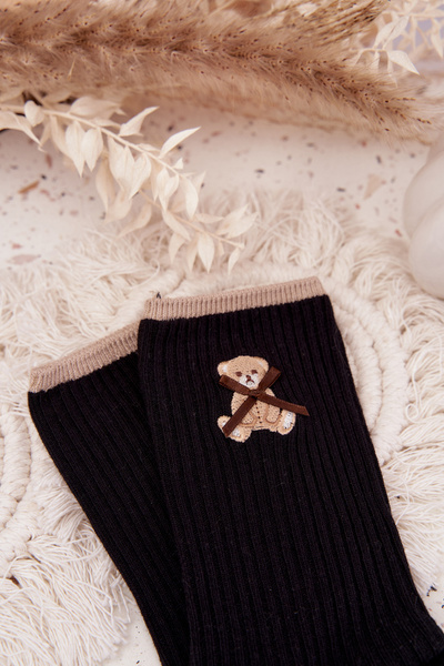Cotton Socks Striped With Bear Black