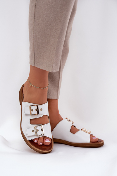 Sandales Plates En Cuir Avec Boucles Blanches Zazoo 3020