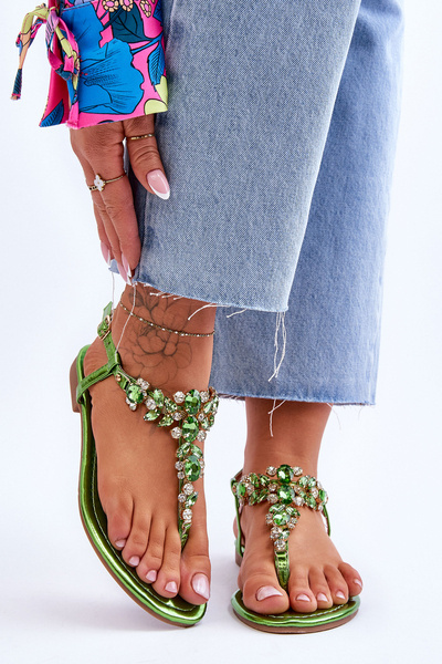 Damen Sandalen Flip Flops mit Steinen Grün Lenisa