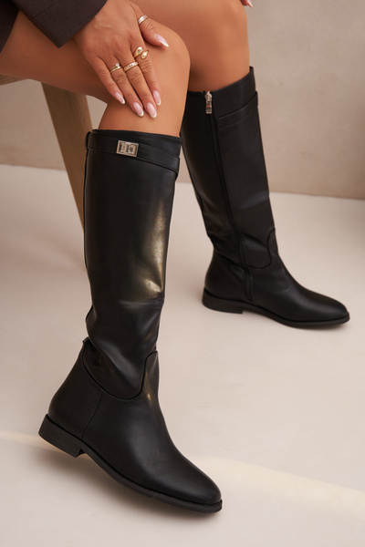 Bottes d'hiver pour femmes à talon plat avec ceinture et détail argenté Noire Geraline