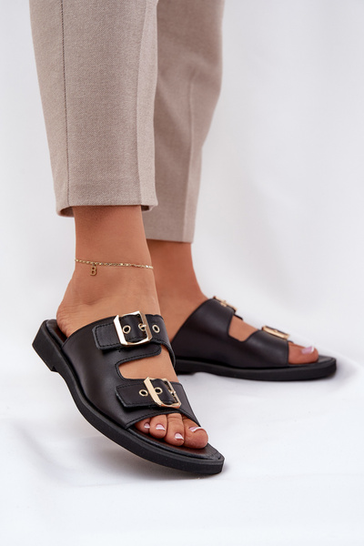 Leder Flache Sandalen Mit Schnallen Zazoo 3020 Schwarz