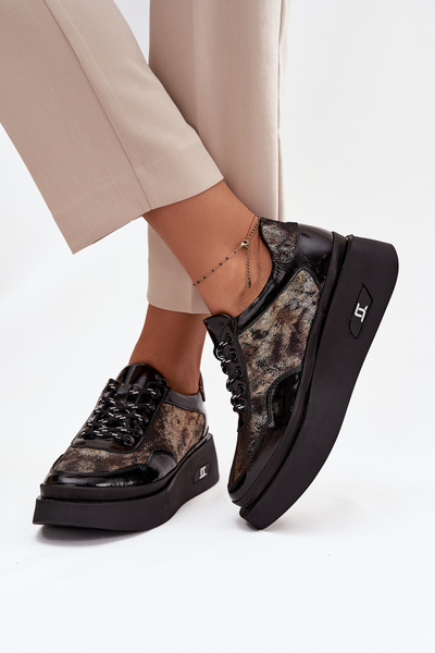 Pantofi din piele cu șireturi pentru damă pe platformă Artiker 57C2042 Negru-auriu