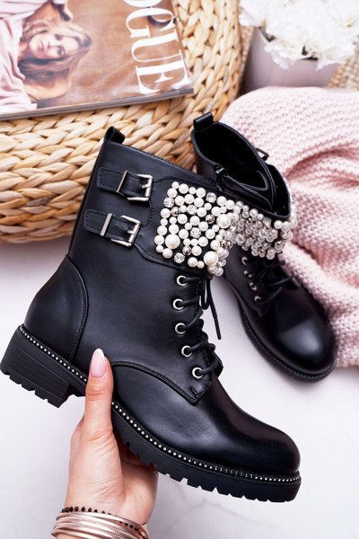 Women's Flat Heel Military Boots Black Bemmer