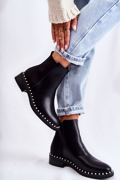 Leder Slipper Stiefel mit Perlen Schwarz Jilanna