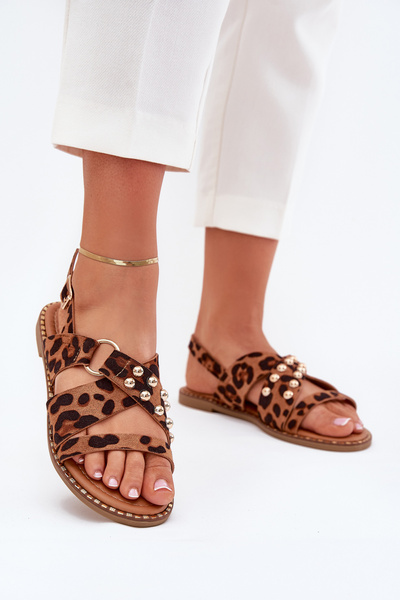 Damen Sandalen mit flachem Absatz und goldenen Nieten Leopardenmuster Zanira