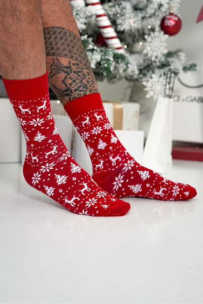 Herren Weihnachtsstrümpfe Norwegisches Muster Rot