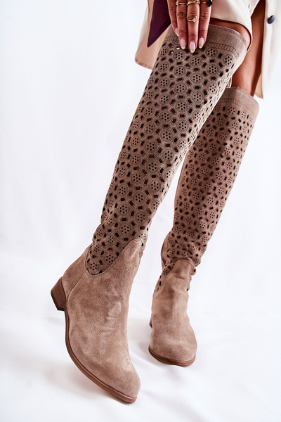 Bottines Hautes En Daim Ajouré Pointe beige foncé