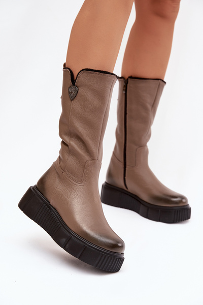 Zazoo 70121 Bottes Femmes En Cuir Avec Laine Beige Foncé