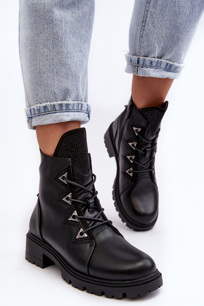 Leather Insulated Boots with Rhinestones Black Gwen SBarski HY93-52A