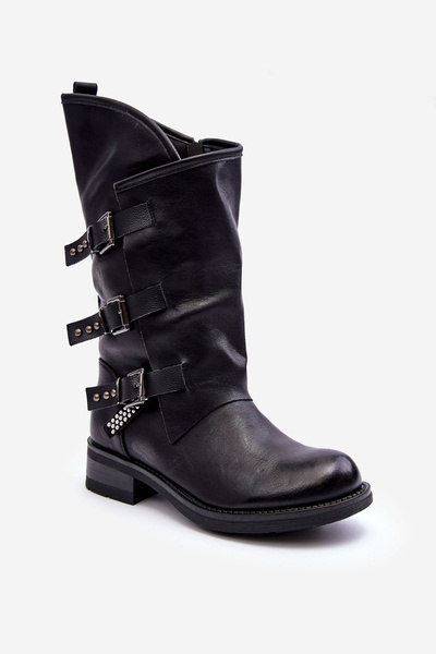 Damen Lederstiefel Mit Flachem Absatz Schwarz Nyreo