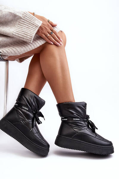 Women's Snow Boots with Ornamental Lacing Black Siracna