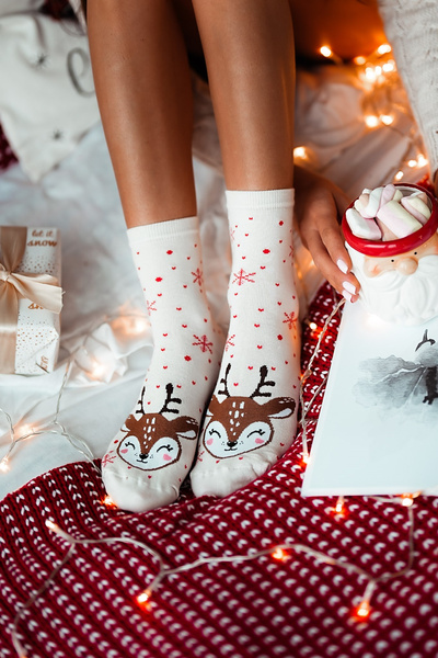 Christmas Women's Socks Reindeer Ecru