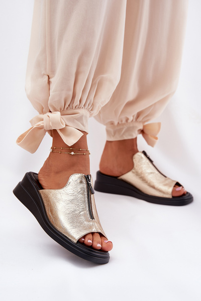 Sandales Femme À Talon Wedge Avec Fermeture Éclair Dorées Irriva