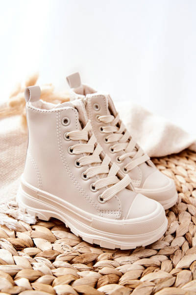 Kinder Leder Isolierte Turnschuhe Hellbeige Bomi