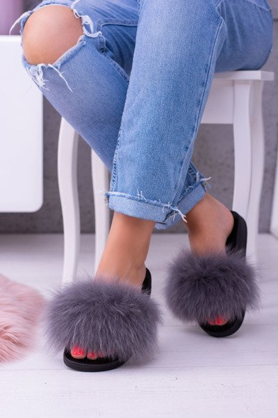 Tongs Femme avec Fourrure Naturelle Gris Naturis
