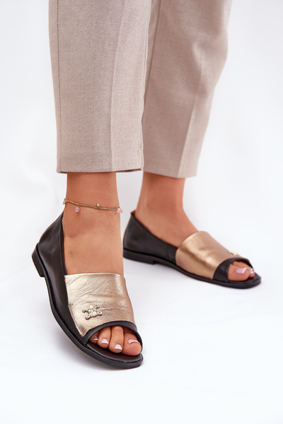 Leder Elegante Ballerinas Mit Offenen Zehen Zazoo 1865 Gold-Schwarz