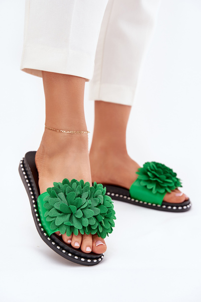 Damenflipflops mit Blumen verziert grün Cellanen