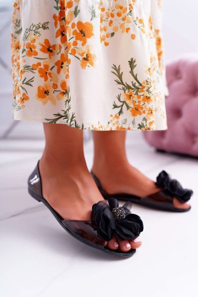 Lu Boo | Ballerine En Caoutchouc Meliski Tongs Fleurs Noir Candela