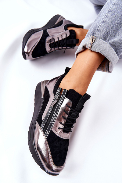 Leder Sportschuhe Turnschuhe Schwarz Silber Minor
