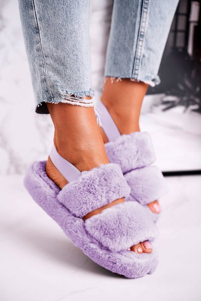 Damen Plattform Kunstfell Flip Flops Zuckerwatte