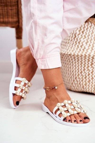 Damen Gummi Flip Flops Weiß Perlen Estelle