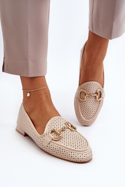 Flache Damenmokassins mit beige Verzierung Iluvana