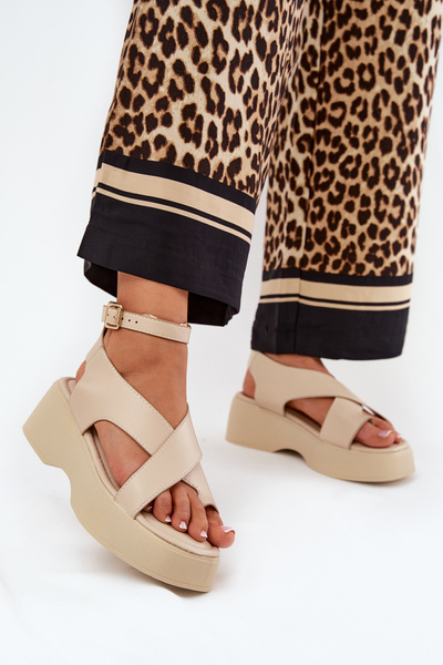 Sandales femme sur plateforme et compensées en cuir éco beige Tenzorus