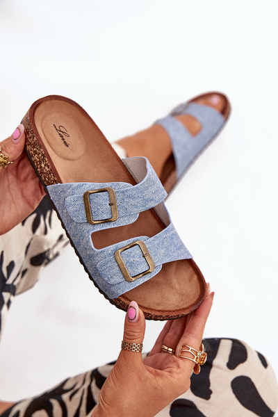 Damen Pantoletten Auf Korkplattform Mit Schnallen Hellblau Denim Vesina