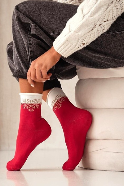 Damen Weihnachts Halbfrottee Socken UNIQUE Druckfrei Stern Rot