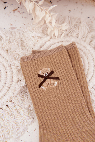 Baumwollsocken gestreift mit Bär hellbraun