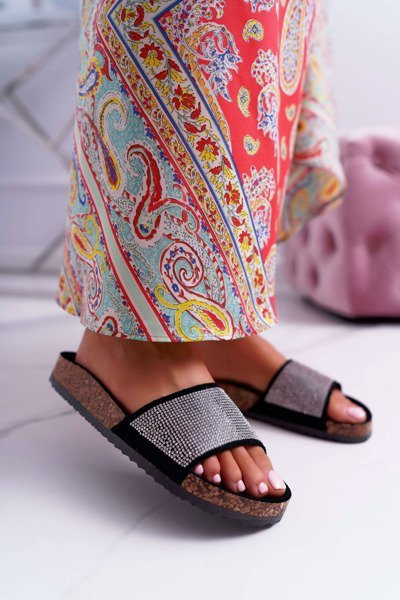 Damen Kork Kristalle Flip Flops Schwarz Do It!