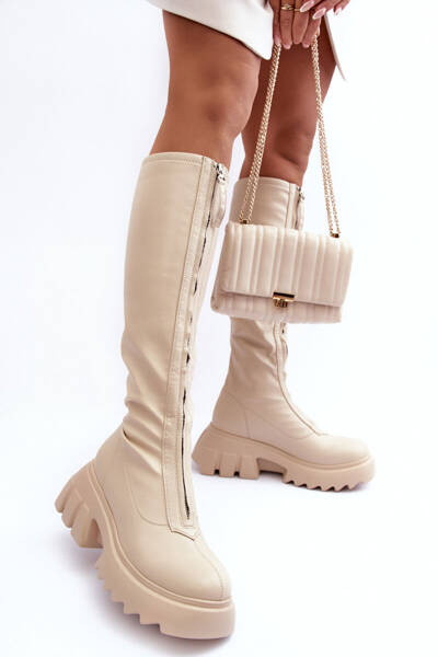 Lederstiefel Mit Massiver Plattform Und Reißverschluss Beige Ringo