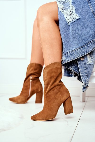 Cizme din piele cu toc pentru femei Laura Messi Camel 2123