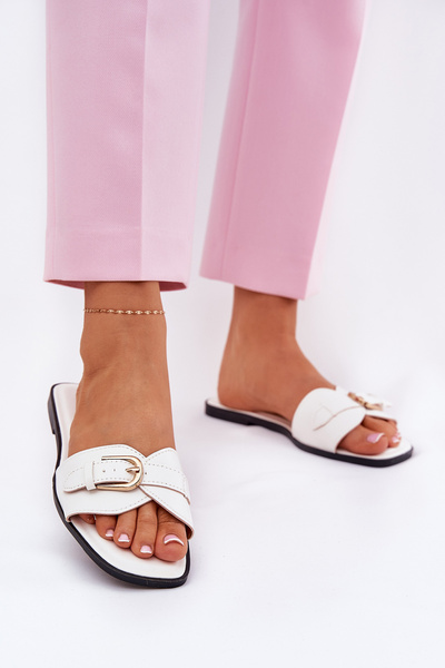 Sandales Plates Pour Femmes Avec Boucle Dorée Blanches Esiobb