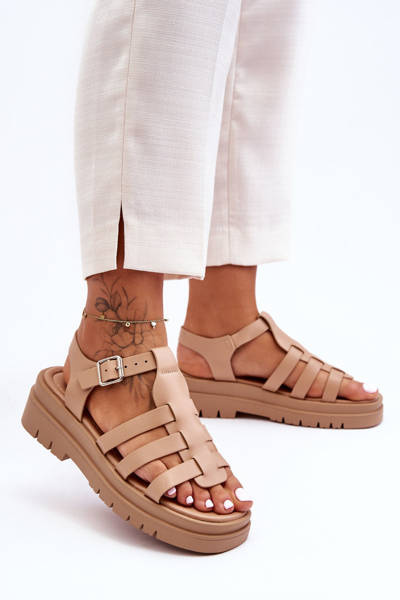 Leder Flache Sandalen Mit Streifen Beige Diosa