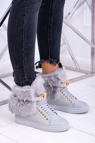 Lu Boo Graue Stiefel mit Naturpelz Gisele