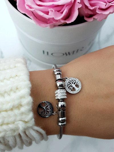 Bracelet Femme sur Fil Acier Inoxydable avec Pendentifs Charms Argentés