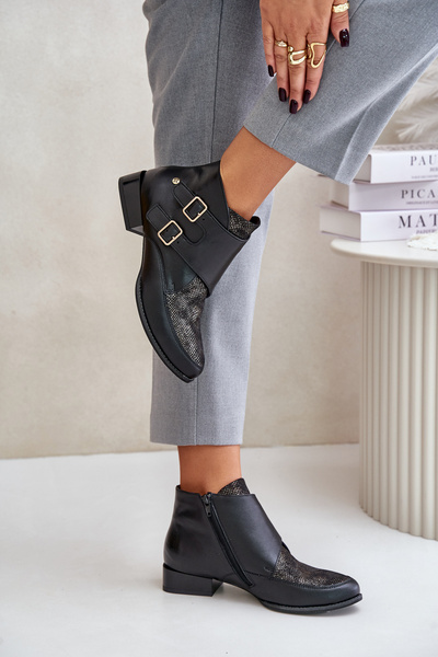 Bottines En Cuir à Talon Bas Et Boucles Maciejka 06696-01 Noir