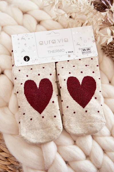 Rutschfeste Damensocken In Herzen und Punkten beige