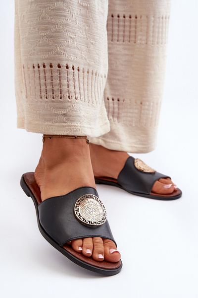 Zazoo 2938 Leder Sandalen Mit Flacher Sohle Und Verzierung Schwarz
