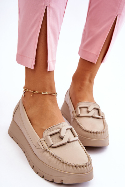 Zazoo 10141 Loafers din Piele pe Platformă cu Decorațiune Bej