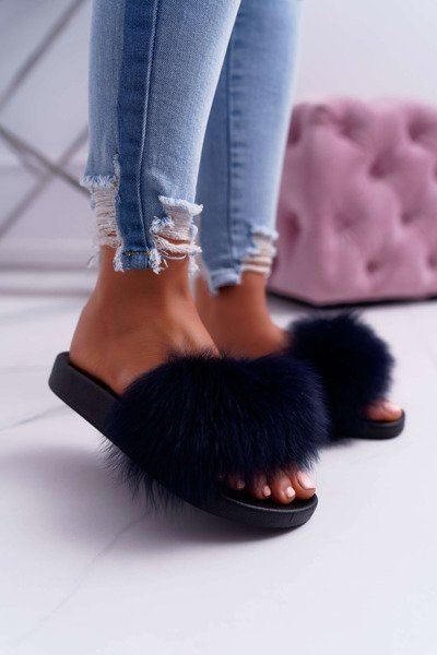 Women's Flip Flops with Natural Fur Navy Blue Naturis