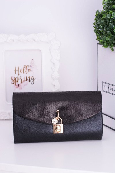 Black Women's Clutch Bag Gold Chain Padlock Latch