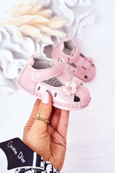 Children's Leather Sandals With Velcro Pink Flowers