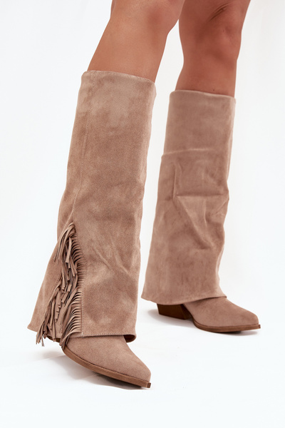 Bottes Cowboy Dames À Enfiler Avec Talon Et Franges Beiges Zalia