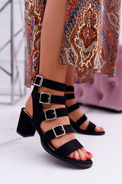 Sandale stiletto pentru femei gladiator din piele de căprioară neagră nela